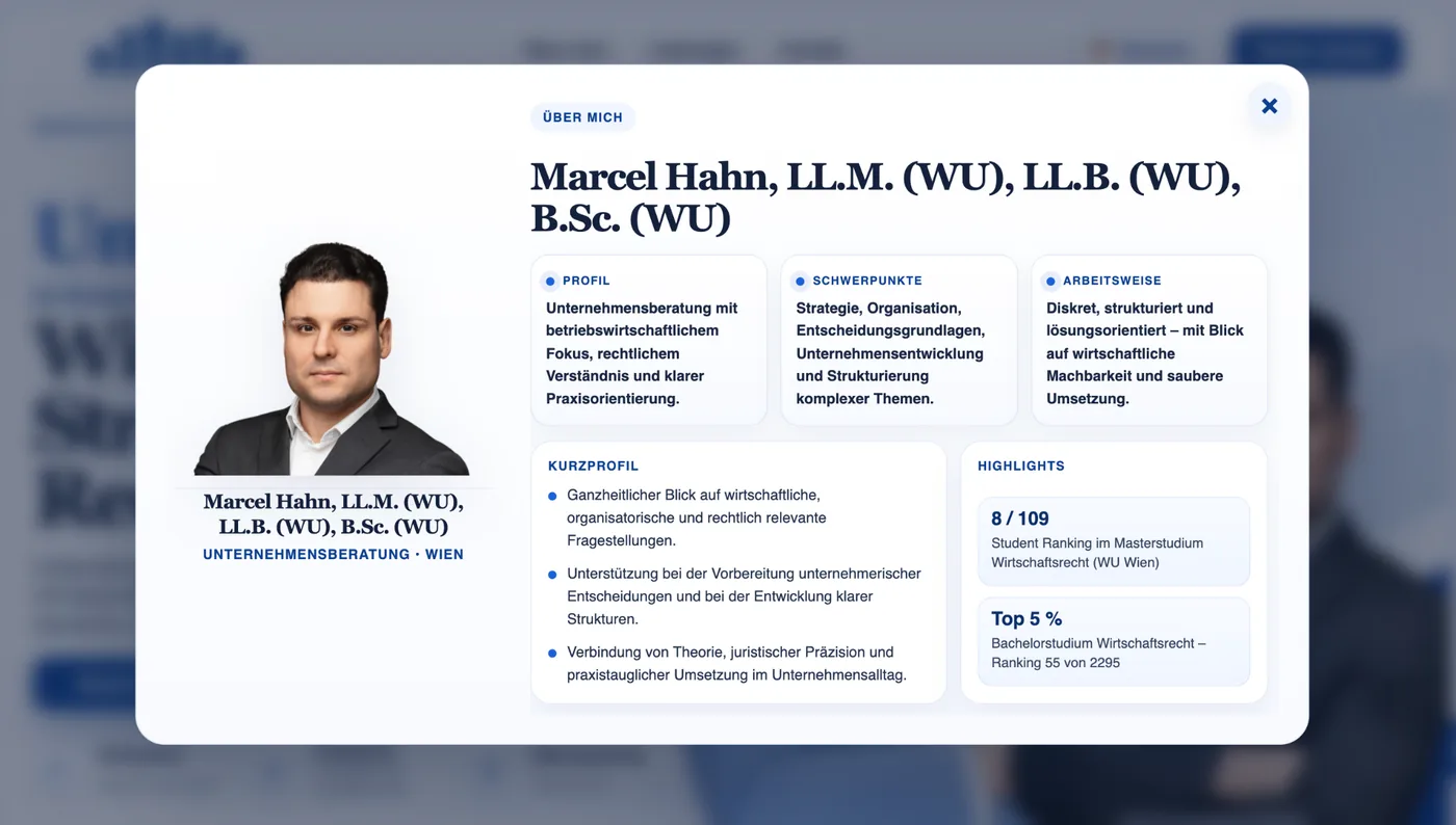 Unternehmensberatung Hahn Über-mich Popup mit Profil und Schwerpunkten