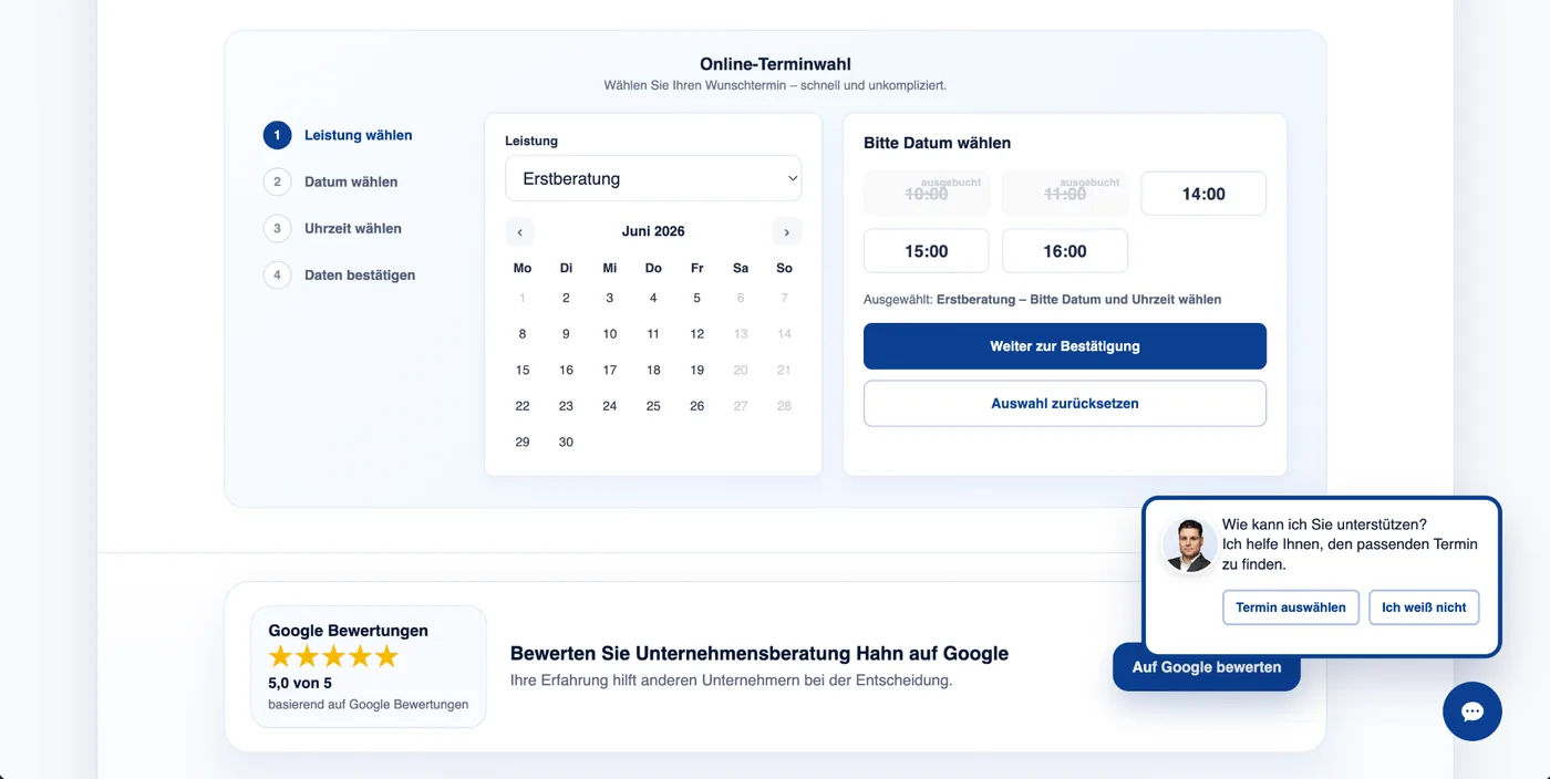 Unternehmensberatung Hahn Online-Terminwahl und Chat-Hilfe
