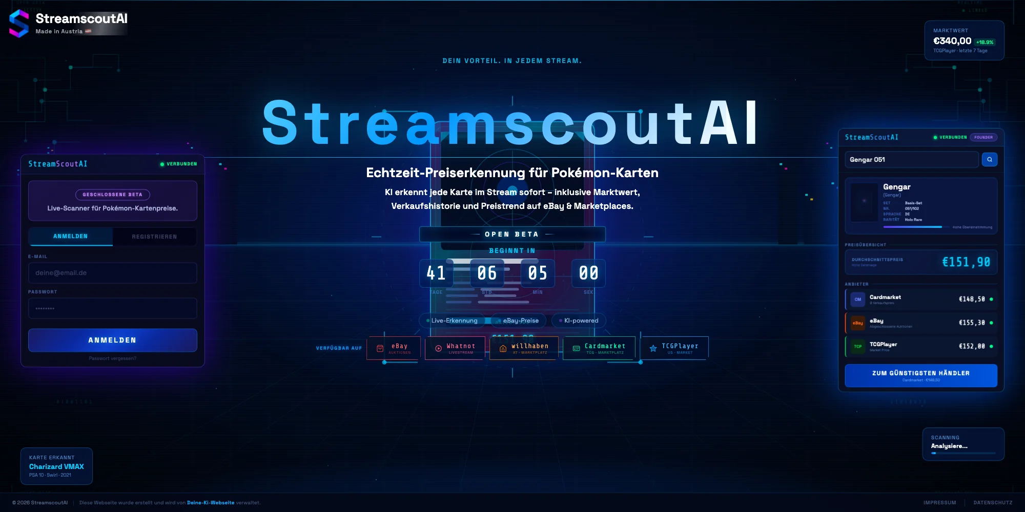 StreamscoutAI Startseite mit Live-Countdown und KI-Kartenerkennung