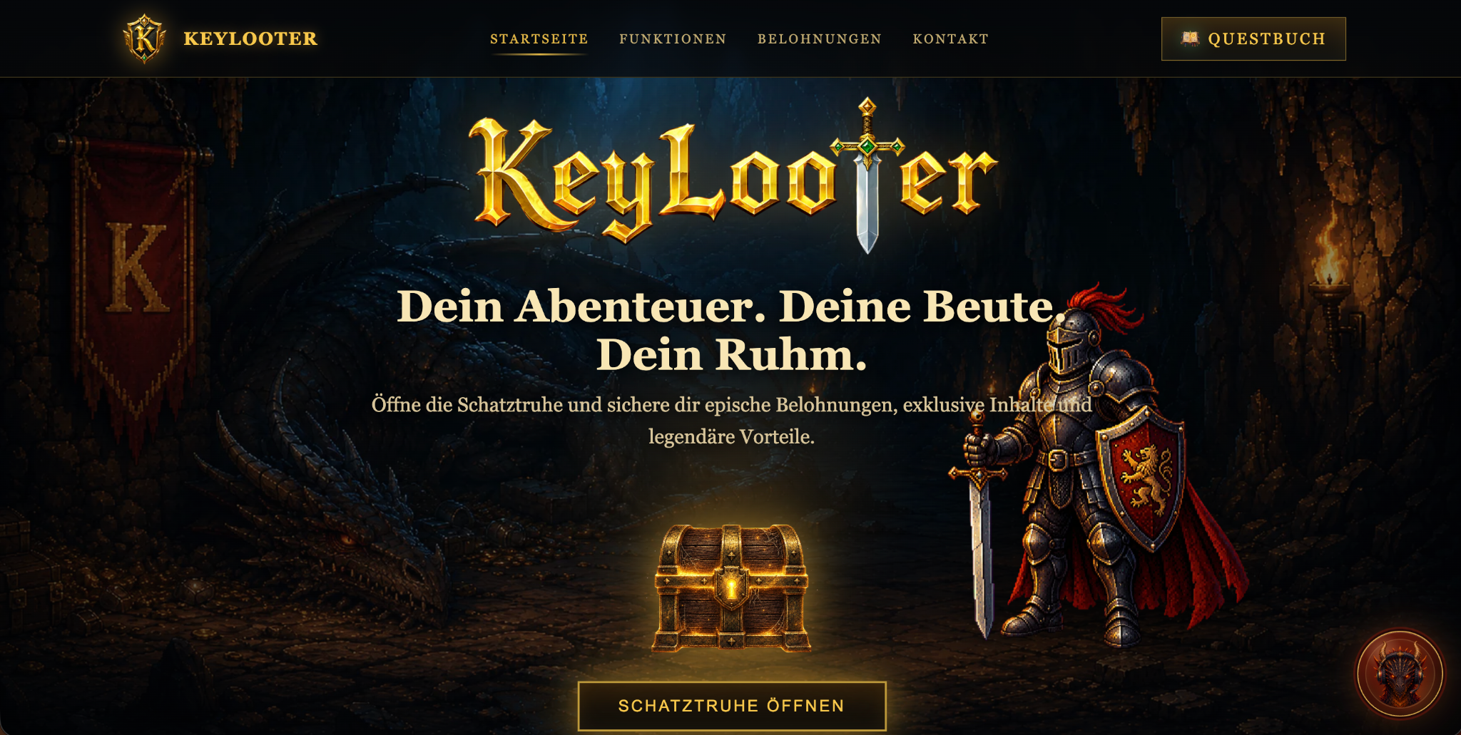 Screenshot der Keylooter Startseite mit Dark-Fantasy Hero-Bereich