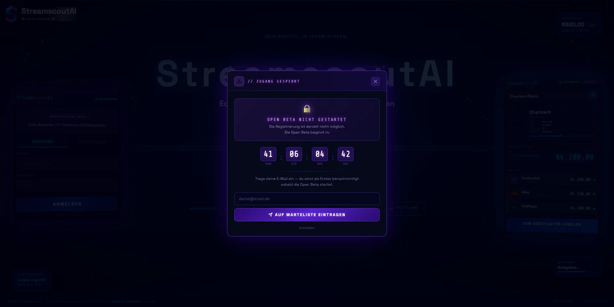 StreamscoutAI Zugang-gesperrt Popup mit Countdown und Warteliste