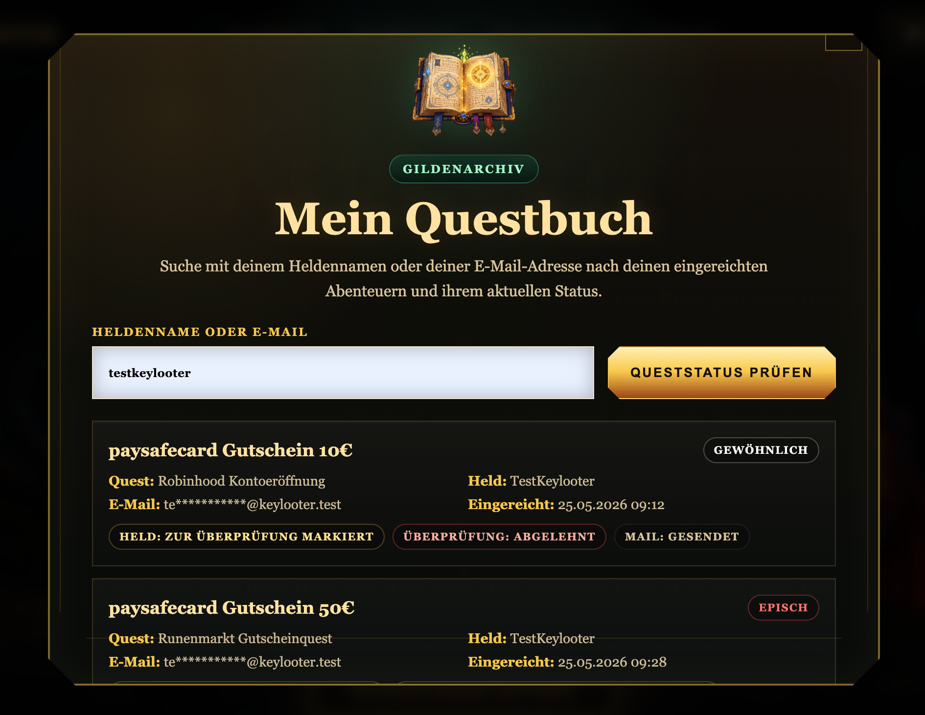 Screenshot des Keylooter Questbuchs mit Queststatus-Suche