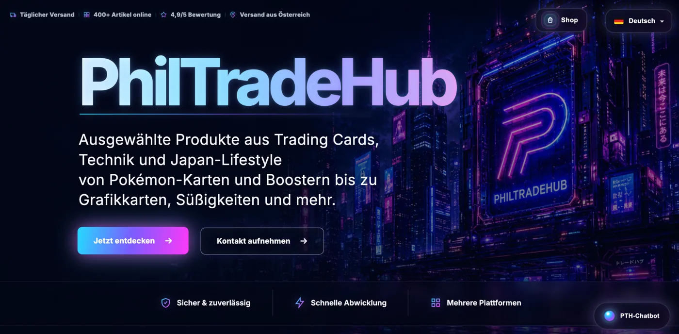 PhilTradeHub Startseite mit Hero-Bereich und Neon-Branding
