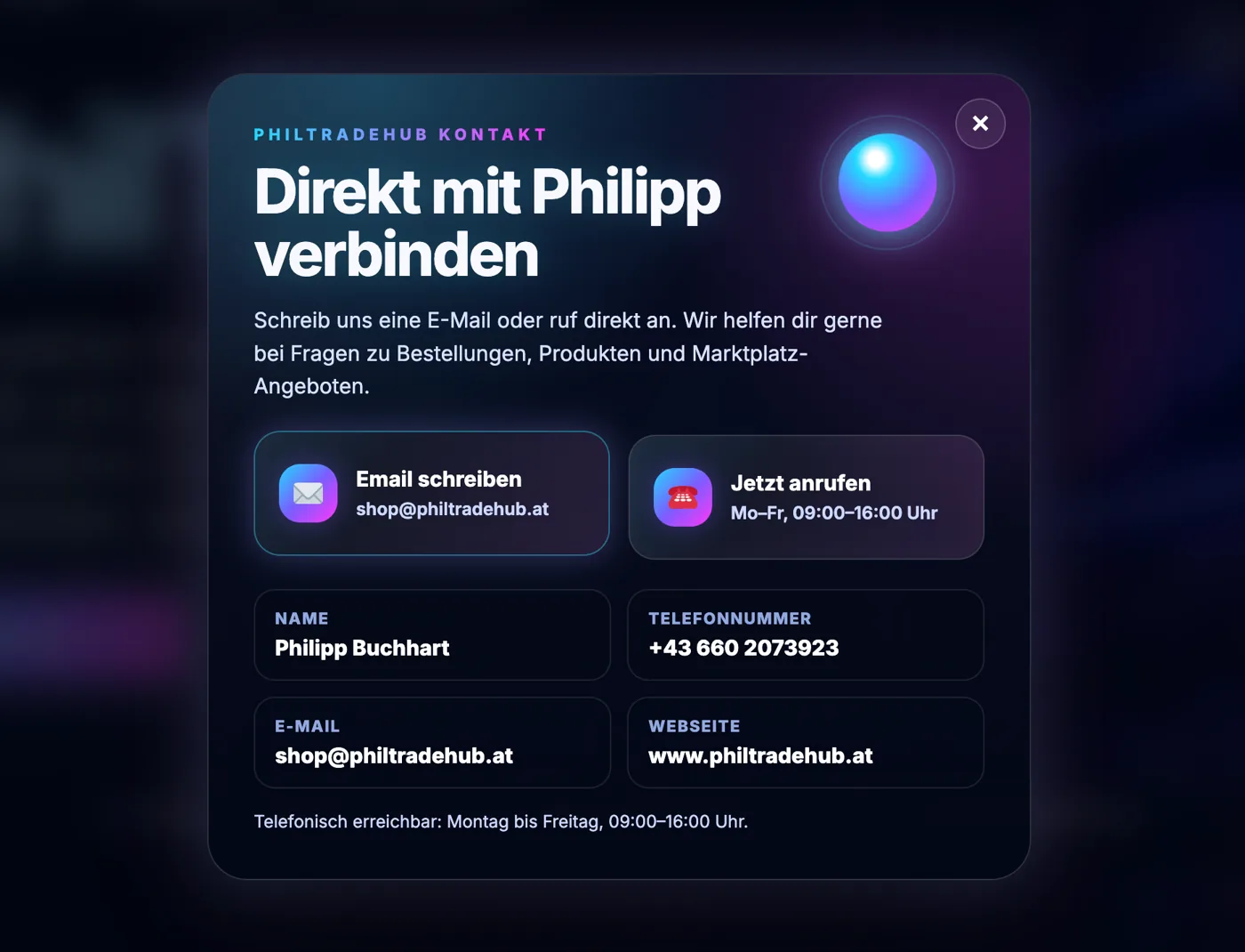 PhilTradeHub Kontaktbereich mit Kontaktoptionen und Unternehmensdaten