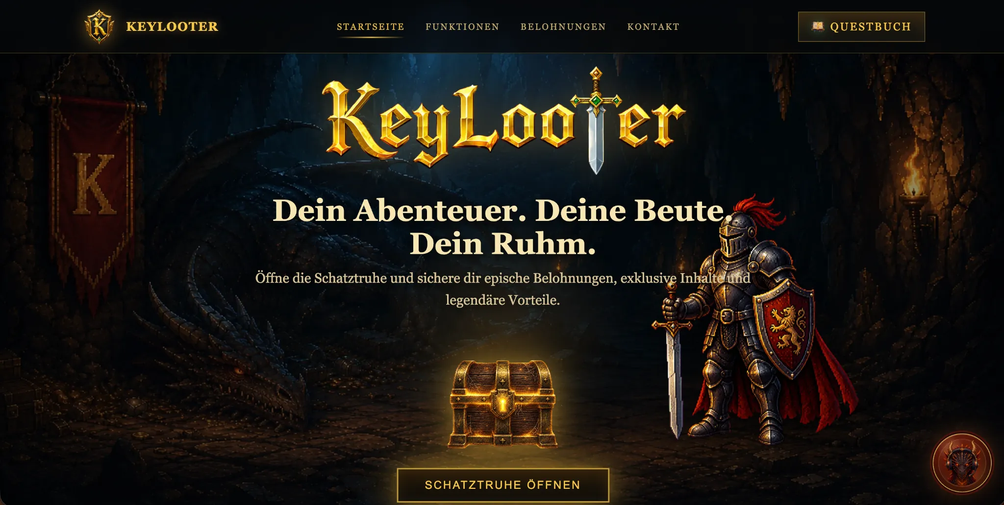Screenshot der Keylooter Startseite mit Dark-Fantasy Hero-Bereich